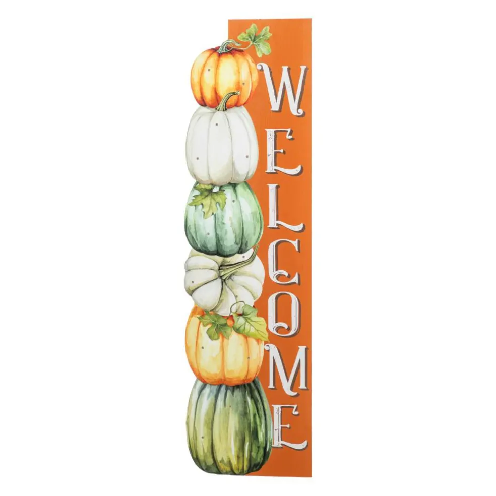 Glitzhome® 42" Lighted Fall Wood Stacked Pumpkins Welcome Porch Sign with Timer