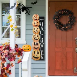 Glitzhome® 42" Lighted Halloween Wooden Stacked Pumpkins Porch Sign with Timer