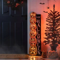 Glitzhome® 42" Lighted Halloween Wooden Stacked Pumpkins Porch Sign with Timer