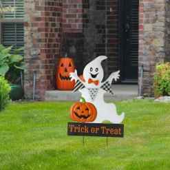 Glitzhome® 32" Lighted Metal Halloween Ghost Yard Stake with Timer