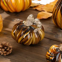 Glitzhome® 5.75" Multi Brown Striped Glass Pumpkin Fall Table Decor