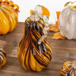 Glitzhome® 11.25" Multi Brown Striped Large Glass Gourd Fall Table Decor