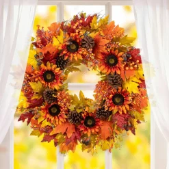 Glitzhome® 30" Oversized Fall Sunflower Wreath with Black Metal Wreath Hanger
