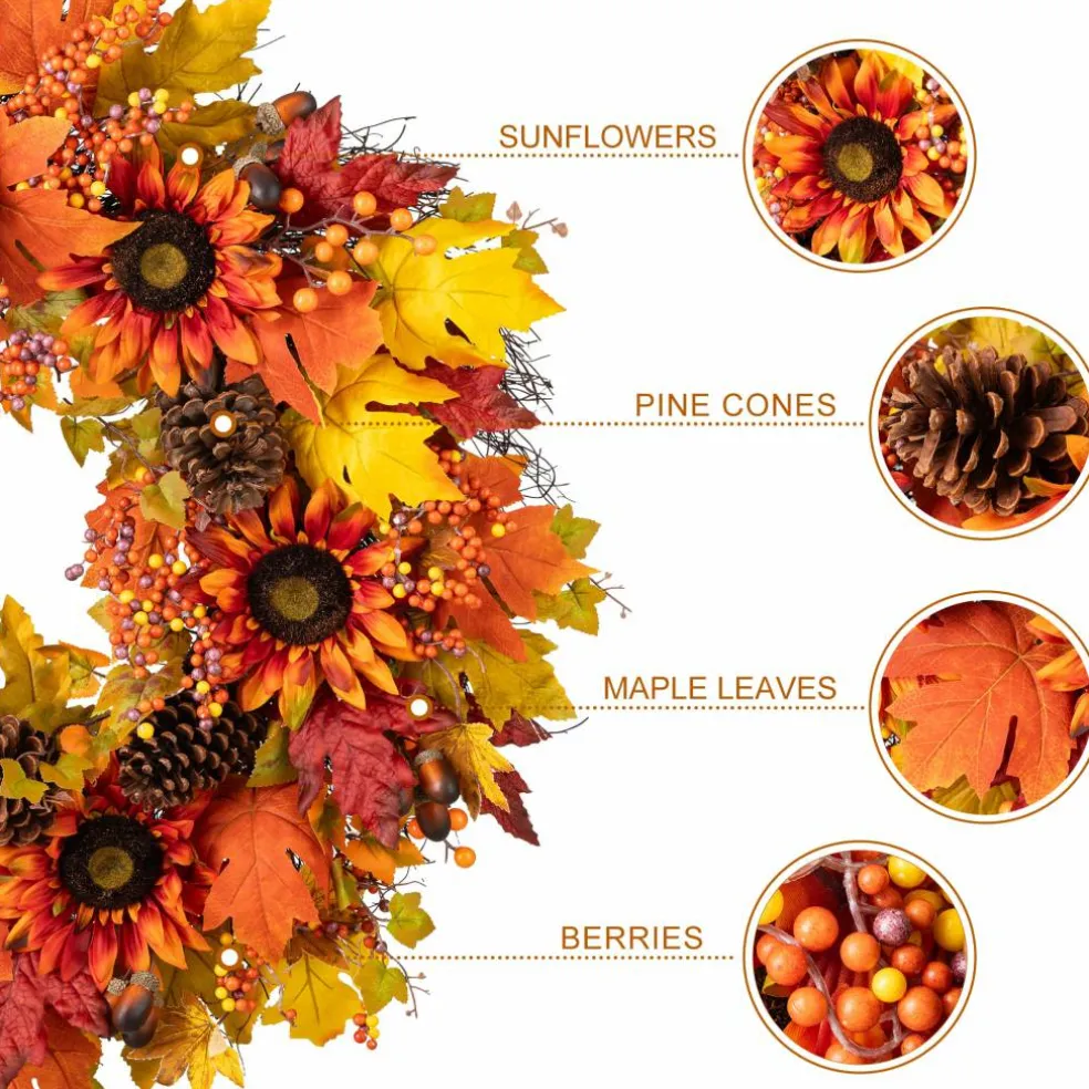 Glitzhome® 30" Oversized Fall Sunflower Wreath with Black Metal Wreath Hanger