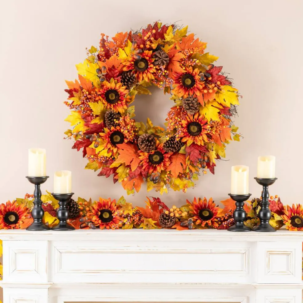Glitzhome® 30" Oversized Fall Sunflower Wreath with Black Metal Wreath Hanger