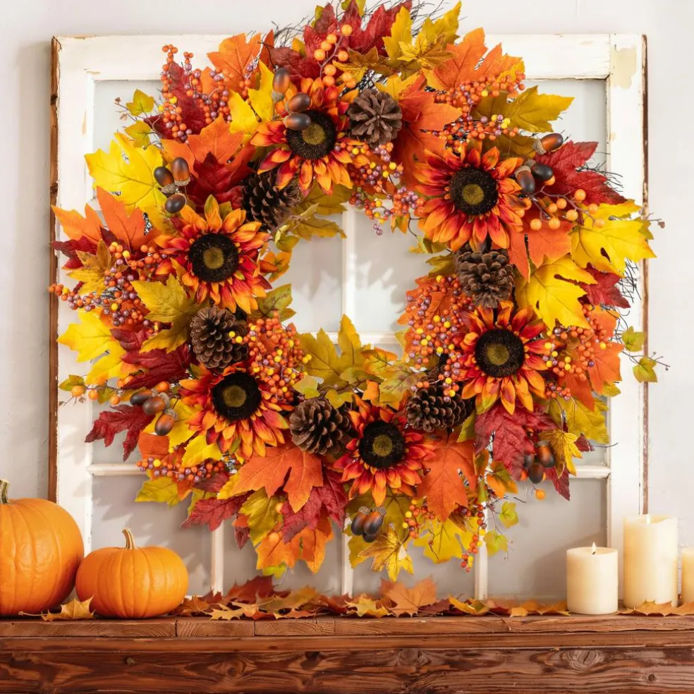 Glitzhome® 30" Oversized Fall Sunflower Wreath with Black Metal Wreath Hanger