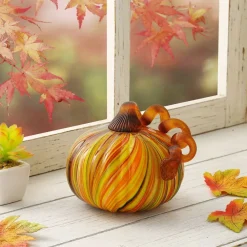 Glitzhome® Short Glass Pumpkin, Multicolor Stripes