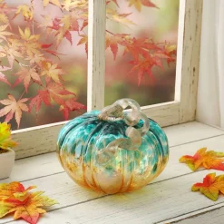 Glitzhome® Small Glitter Glass Pumpkin, Blue & Gold