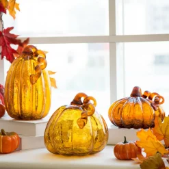 Glitzhome® Tall Crackle Glass Pumpkin, Amber