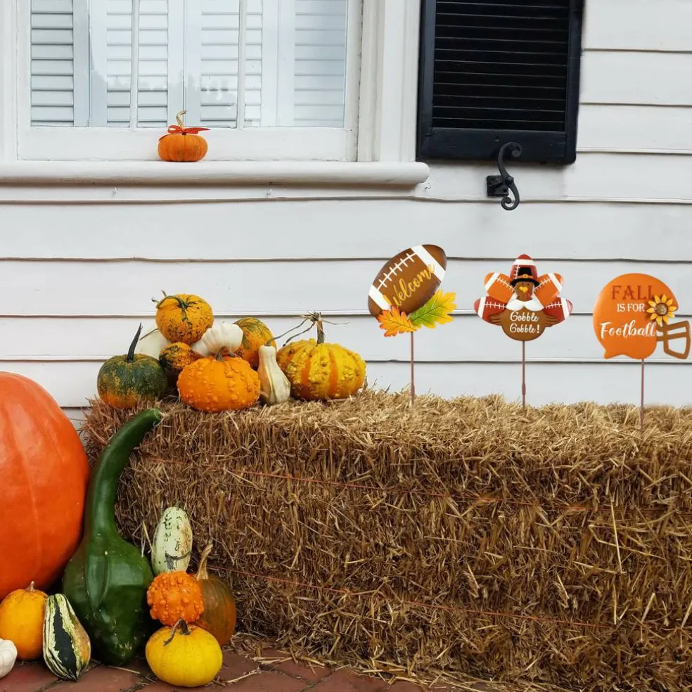 Glitzhome® 24" Thanksgiving Metal Football & Turkey Yard Stakes Set