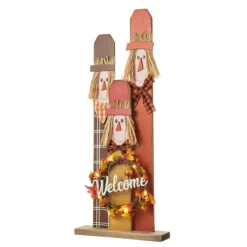Glitzhome® 36.25" Wooden Scarecrow Family Porch Décor with Lighted Wreath & Timer