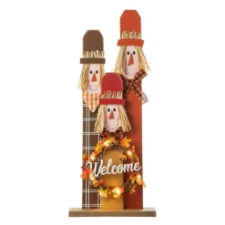 Glitzhome® 36.25" Wooden Scarecrow Family Porch Décor with Lighted Wreath & Timer