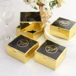 Gold Black 25 Square 4" x 4" Favor Boxes Thank You Print Gift Holders Events