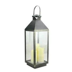 24" Gold Brushed Black Candle Lantern with 3 Flameless LED Candles