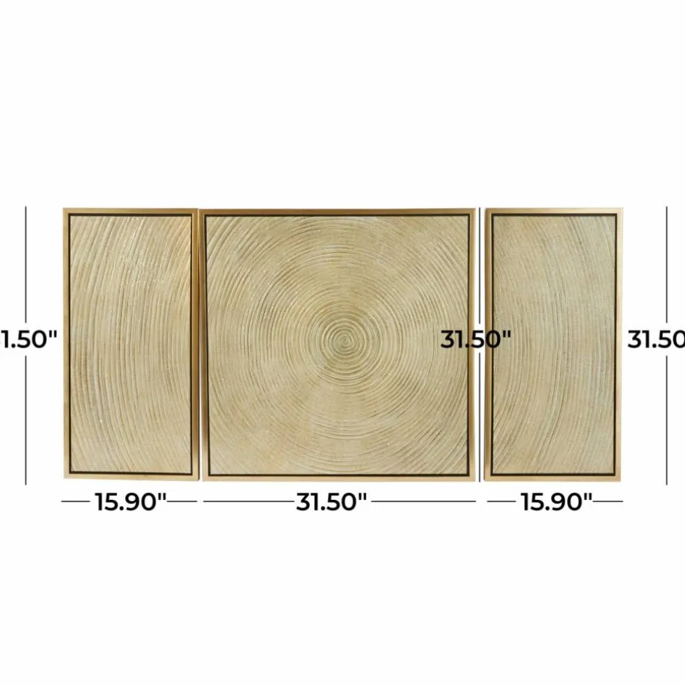 Gold Canvas Ripple Starburst Framed Wall Art with Gold Frame Set of 3 32", 16", 16"