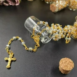 12 Gold Clear Rosary Crucifix Wishing Bottle Baby Shower Baptism Party Favor