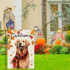 Golden Retriever Fall Dog Garden Flag 12x18 Inch, Double Sided Burlap Thanksgiving Yard Decor with Autumn Design for Front Yard Porch Lawn Outdoor Seasonal Decoration