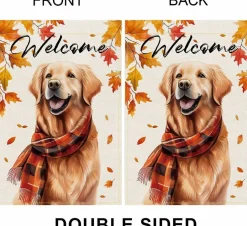 Golden Retriever Fall Dog Garden Flag 12x18 Inch, Double Sided Burlap Thanksgiving Yard Decor with Autumn Design for Front Yard Porch Lawn Outdoor Seasonal Decoration