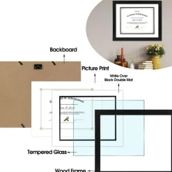 Golden State Art, 11x14 Diploma Frame for 8.5x11 Document & Certificates with Mat, Or 11x14 Without Mat, Real Glass, Double Mat (Black with White/Black, 1 Pack, Solid Wood)