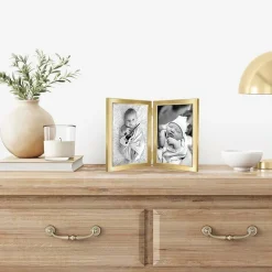 Gold Hinged Double 5x7 Metal Picture Frame with Wide Beveled Molding, Shatter-Resistant Glass Tabletop Photo Frame for 2 Photos, Elegant Modern Display Frame