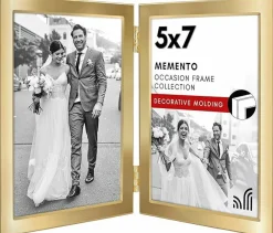 Gold Hinged Double 5x7 Metal Picture Frame with Wide Beveled Molding, Shatter-Resistant Glass Tabletop Photo Frame for 2 Photos, Elegant Modern Display Frame