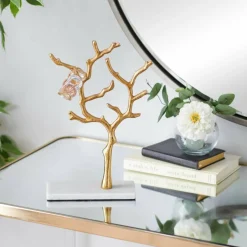 Gold Marble and Aluminum Modern Jewelry Stand, 13" x 9" x 3"