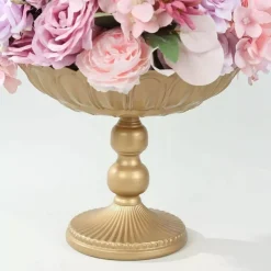 4 Gold Metal Compote Pedestal Bowl Flower Vases in Vintage Floral Pattern Party