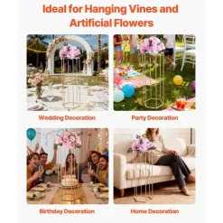 Gold Metal Hexagonal Centerpiece Flower Stand 10PCS with Acrylic Shelves
