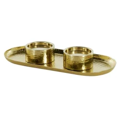 16" Gold Stainless Steel Metal Hammered Candle Holder with Oval Tray Plate