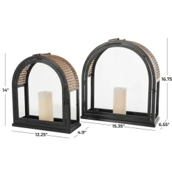Gold Top Black Metal Arched Candle Lantern Set