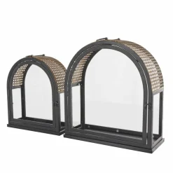 Gold Top Black Metal Arched Candle Lantern Set