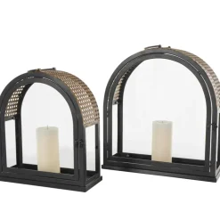 Gold Top Black Metal Arched Candle Lantern Set