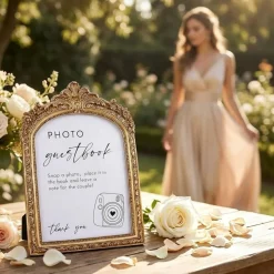 Gold Vintage Arch Photo Guest Book Sign with Stand Elegant Wedding Reception Tabletop Frame 8 Inch Resin Guestbook Display for Anniversary Bridal Shower Engagement Party Decor