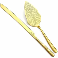 Gold Wedding Cake Knife and Server Set, Titanium Gold Plating With Unique Pattern Design Cake Cutter Serving Set Perfect For Wedding, Birthday, Parties and Events Dishwasher Safe