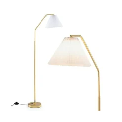 Gold & White Arc Floor Lamp with Adjustable 350° Head, Pleated Shade, E26 Socket, and Anti-Tip Base