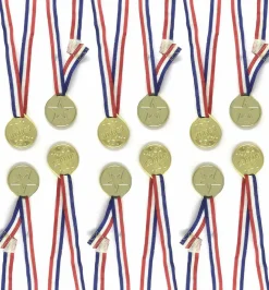 Gold Winner Medal Necklaces with Red, White & Blue Ribbons, 12-Pack