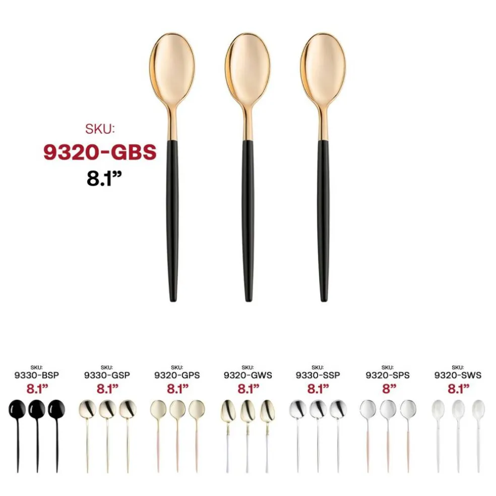 Gold with Black Handle Moderno Disposable Plastic Dinner Spoons (240 Spoons)
