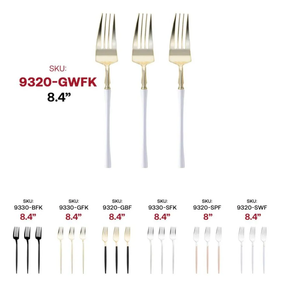 Gold with White Handle Moderno Disposable Plastic Dinner Forks (240 Forks)