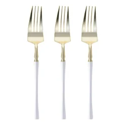 Gold with White Handle Moderno Disposable Plastic Dinner Forks (240 Forks)