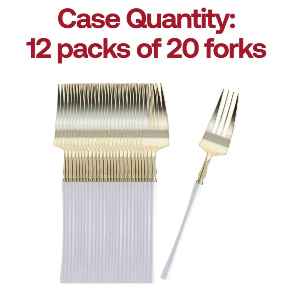 Gold with White Handle Moderno Disposable Plastic Dinner Forks (240 Forks)