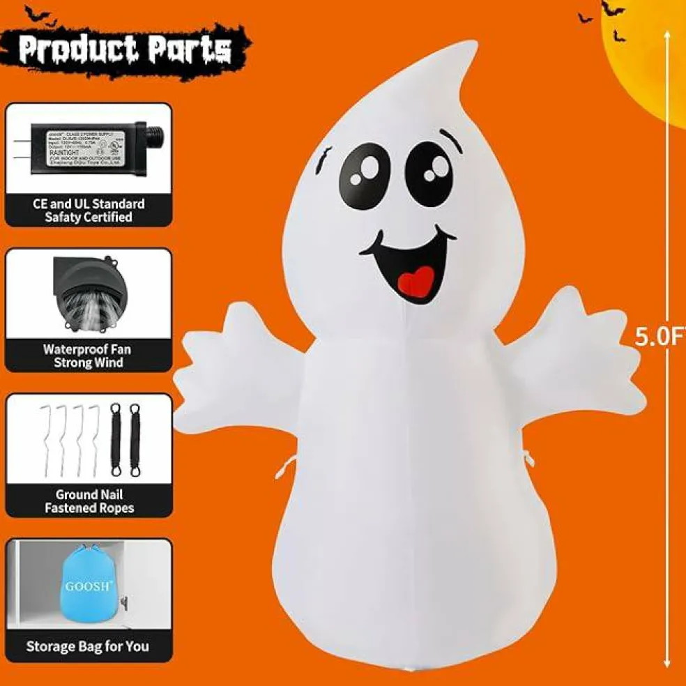 GOOSH 5 FT Halloween Inflatable Ghost Outdoor Decoration with Magic Light and Built-in LEDs