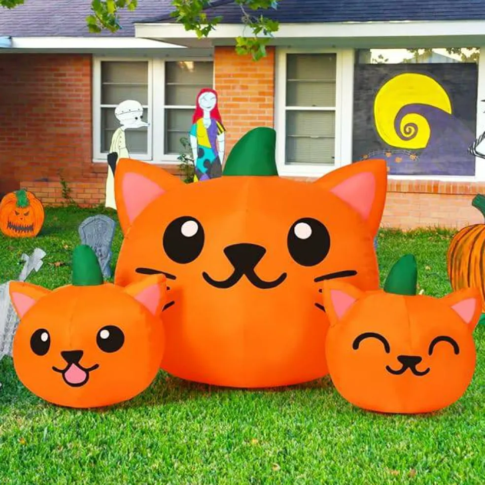 GOOSH 5FT Halloween Inflatable Long Three Pumpkin Cat Head Combo with Built-in LEDs