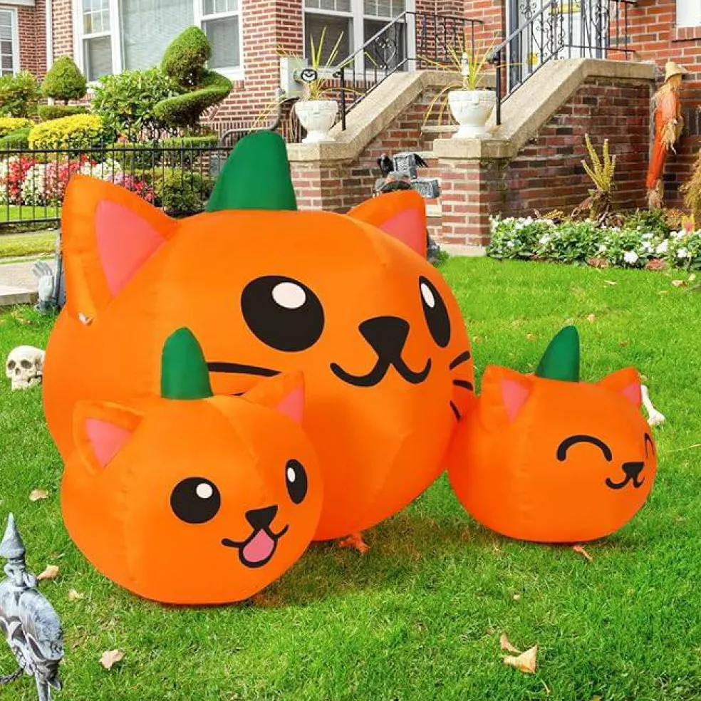 GOOSH 5FT Halloween Inflatable Long Three Pumpkin Cat Head Combo with Built-in LEDs