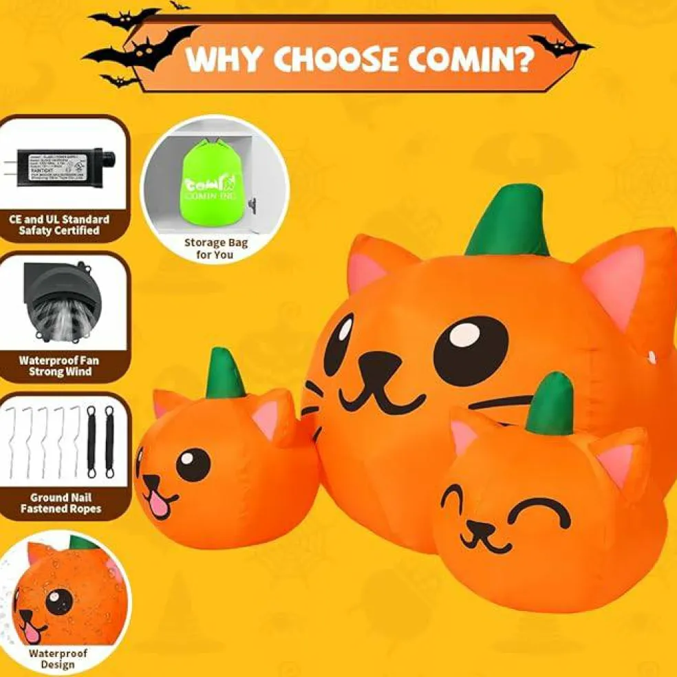 GOOSH 5FT Halloween Inflatable Long Three Pumpkin Cat Head Combo with Built-in LEDs