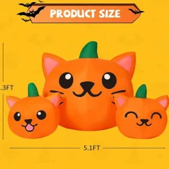 GOOSH 5FT Halloween Inflatable Long Three Pumpkin Cat Head Combo with Built-in LEDs