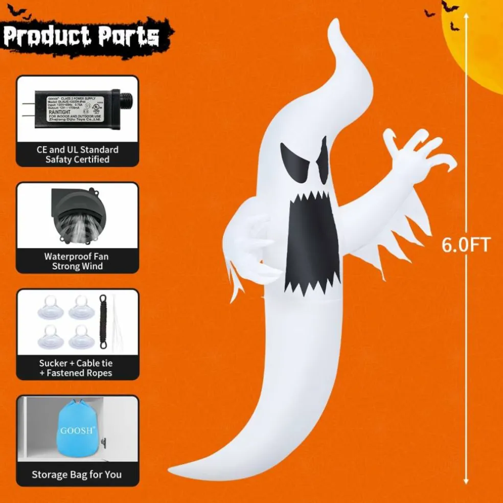 GOOSH 6 FT Halloween Inflatables Ghost Outdoor Window Decorations Blow Up Yard Multicolor Hanging Ghost