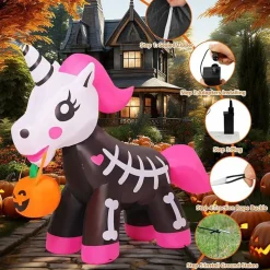 GOOSH 5 FT Halloween Inflatables Skeleton Unicorn Blow Up Yard Pink Cute with Built-in LEDs