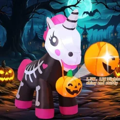 GOOSH 5 FT Halloween Inflatables Skeleton Unicorn Blow Up Yard Pink Cute with Built-in LEDs