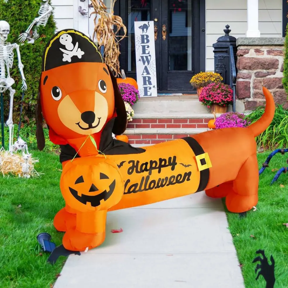 GOOSH 5 FT Halloween Inflatable Outdoor Dog with a Pumpkin & Pirate Hat