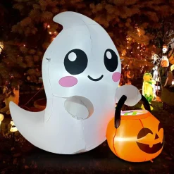 GOOSH 5FT Inflatable Cute Ghost with Pumpkin Bucket – Light-Up Halloween Yard Decoration